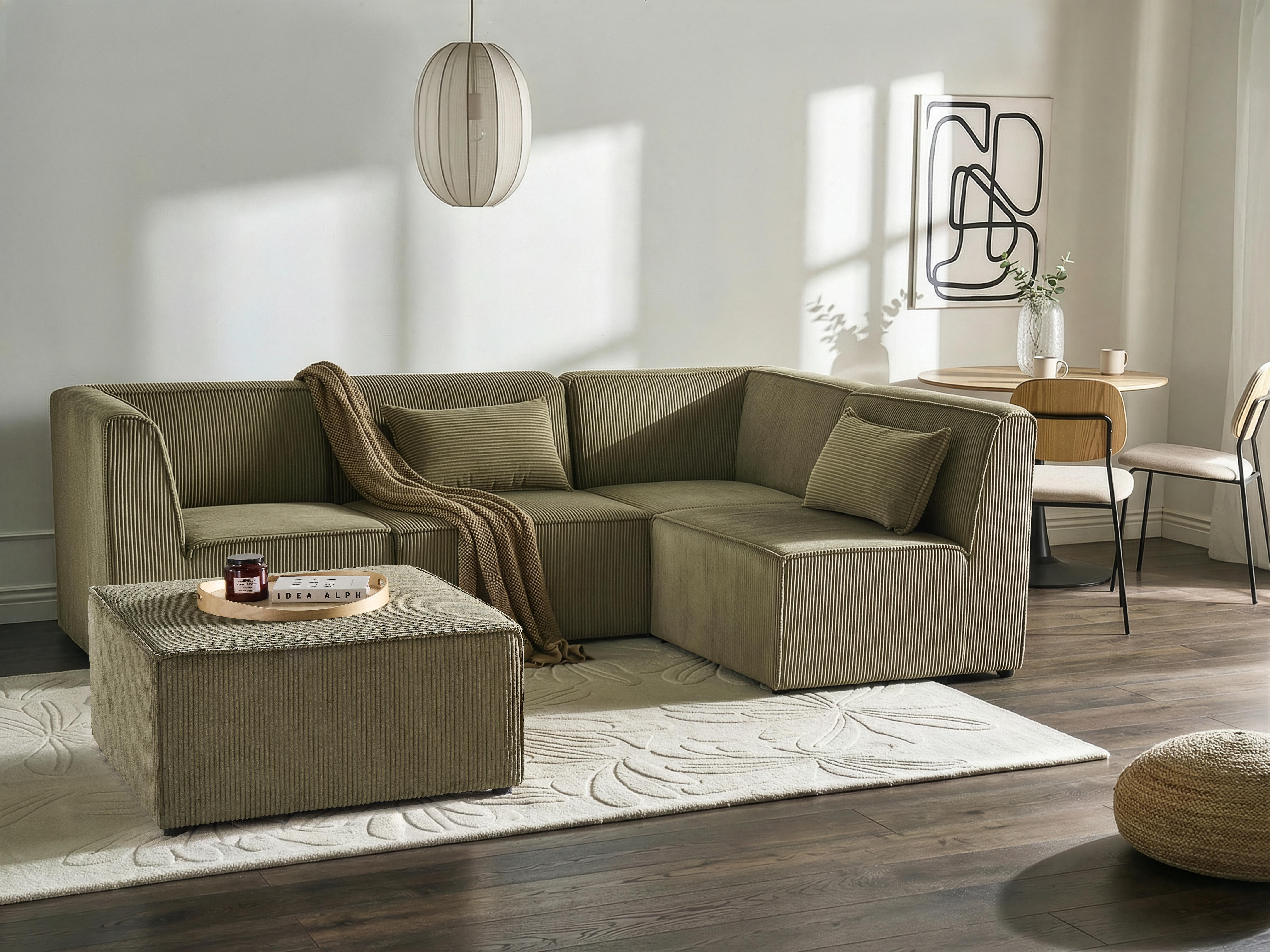 Modulaire hoekbank 4-zits LEMVIG Corduroy Groen met ottomaan linkszijdig