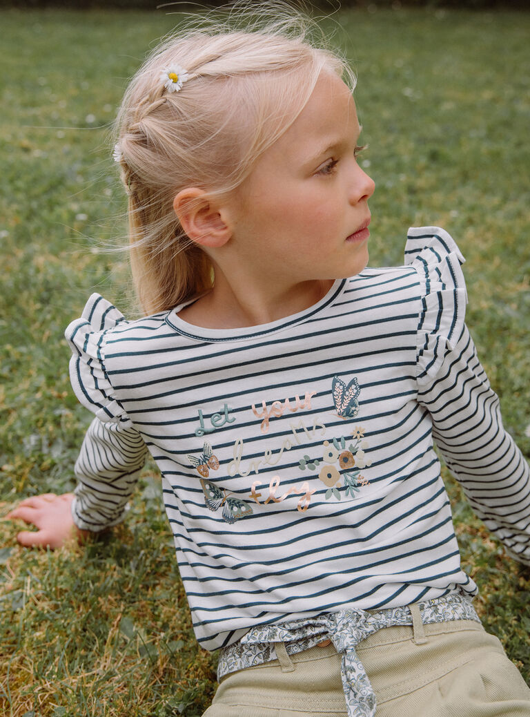 T-shirt écru et vert émeraude à imprimé à rayures