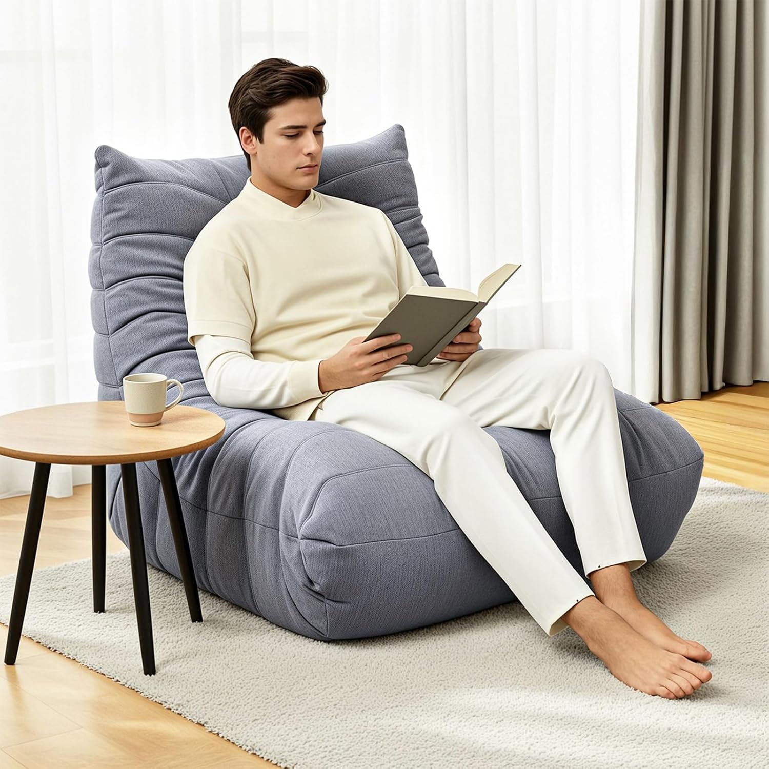 Hochdichtem Foam Sitzsack Sofa, Bodensofa aus Chenille Stoff mit Rückenlehne, Lesesessel für den Innenbereich, Lazy Sofa für Wohnzimmer & Schlafzimmer (Grau)