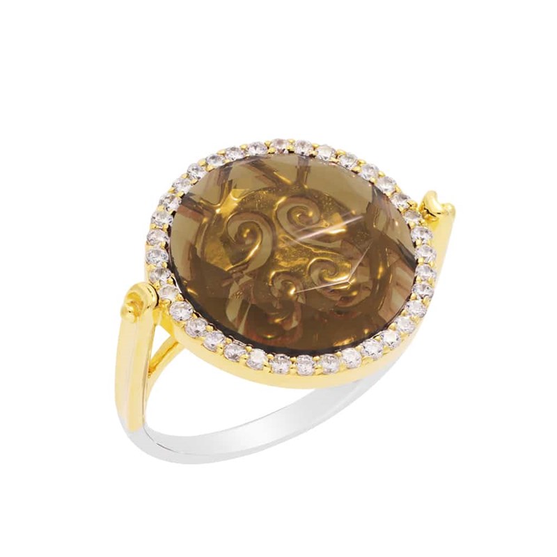 Bague Disque Argent Doré Pierre Brun