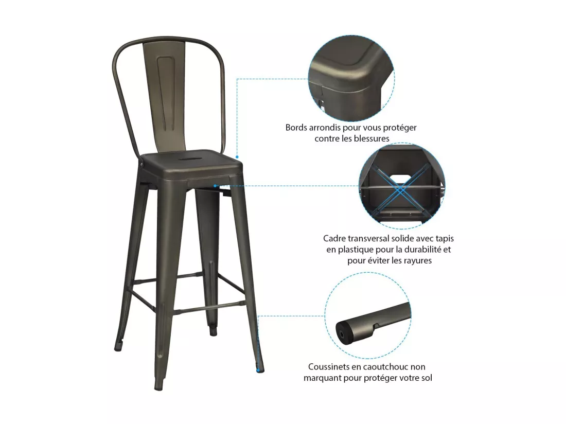 Lot 4 tabourets de bar empilable en métal avec dossier amovible, hauteur d'assise 76,5 cm