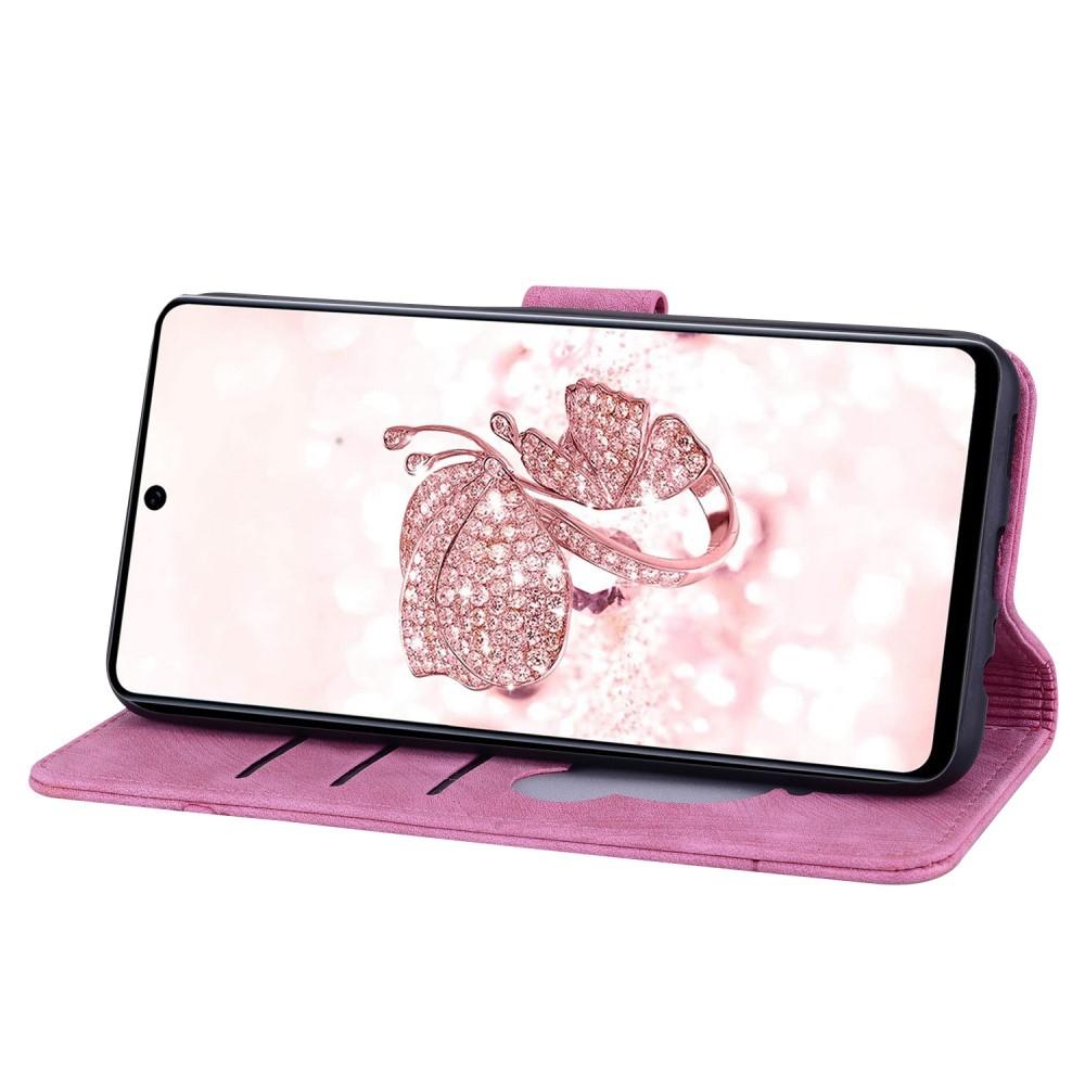 Samsung Galaxy S22 5G Leder Tasche Flip Cover Katze & Blumen Imprint - Pink
