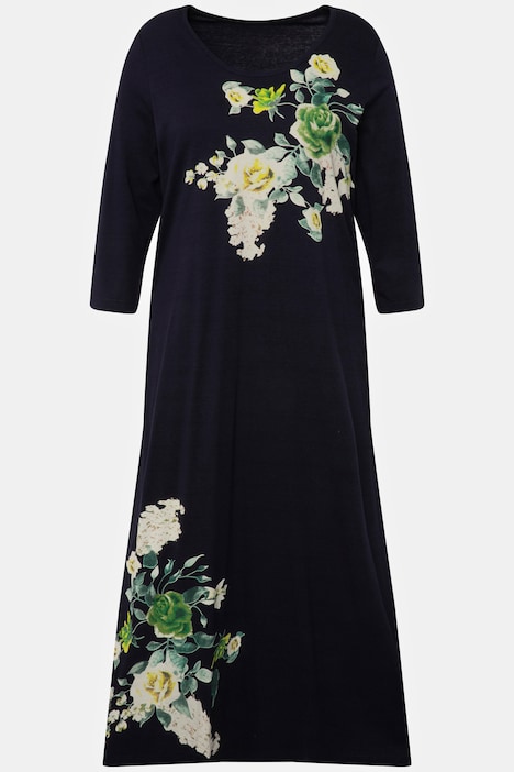 Jerseykleid, A-Line, Blüten, Taschen, Rundhals, 3/4-Arm