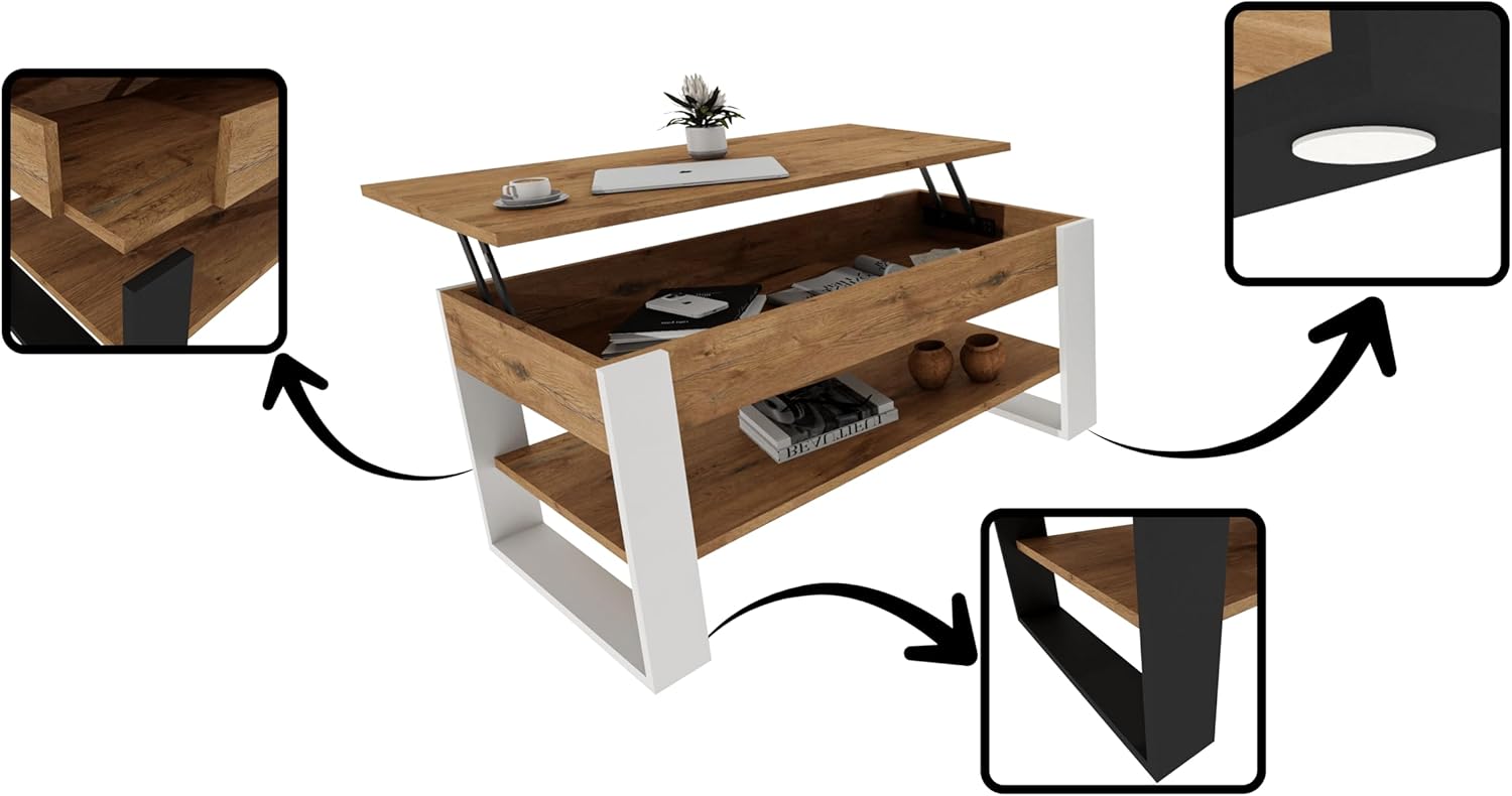 Couchtisch mit anhebbarer Platte | Höhenverstellbarer Wohnzimmertisch mit Stauraum | Sofatisch Eiche Lancelot Weiß modern mit Ablage & verstecktem Fach – Coffee Table für Wohnzimmer & Büro