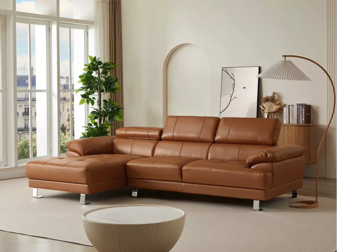 Canapé d'angle gauche en cuir premium camel EXCELSIORA