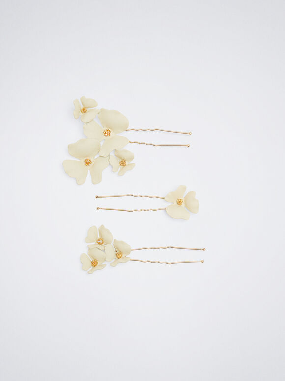 Conjunto de pentes de cabelo com flores - Branco-creme