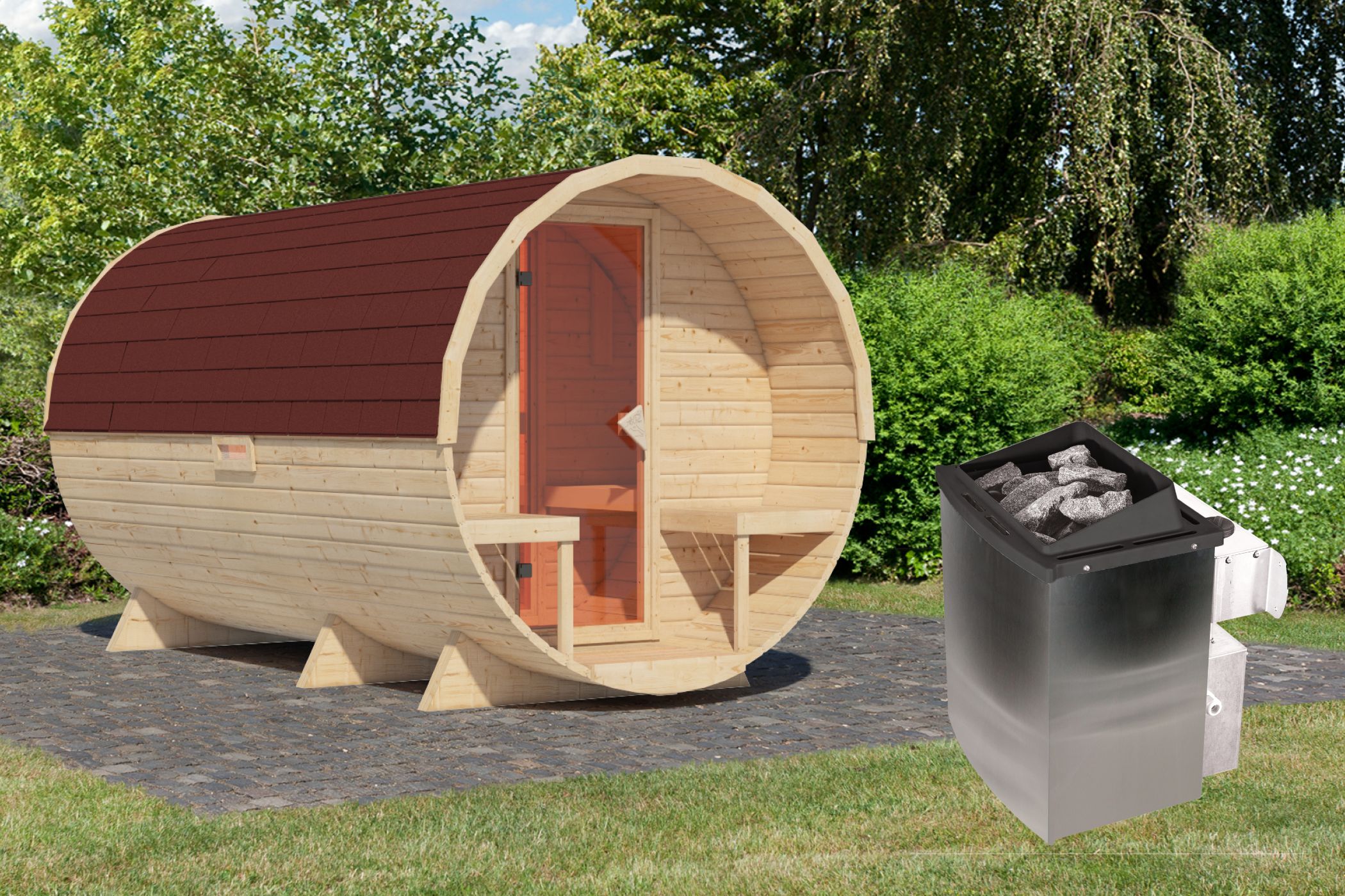 Karibu Fasssauna 3 - 38 mm Saunaofen eingebaute Steuerung 9 kW inkl. Dachschindeln