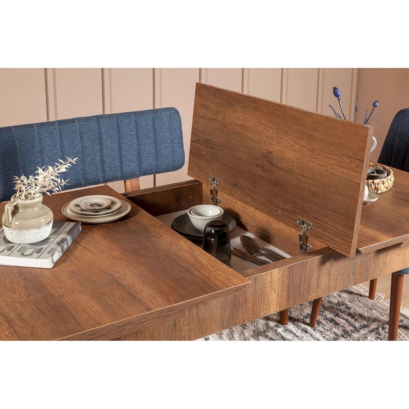 Homitis Ensemble Table + 2 Chaises + 1 Banc Vina 1048 beige/bleu foncé
