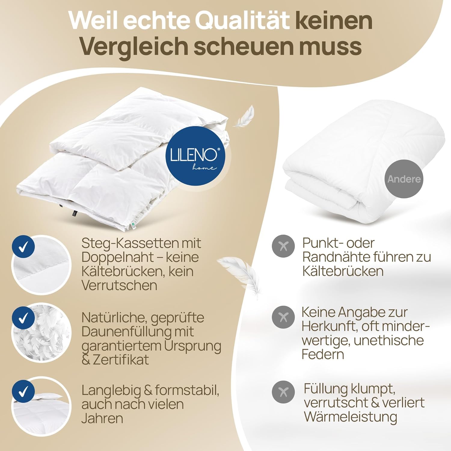 LILENO HOME Premium Daunendecke 135x200 Ganzjahresdecke (90% Daunen / 10% Federn) – Flüsterleise, Anschmiegsame & Wolkenweiche Bettdecke 135x200 – Made in Germany, Oeko-Tex & 60 °C Waschbar