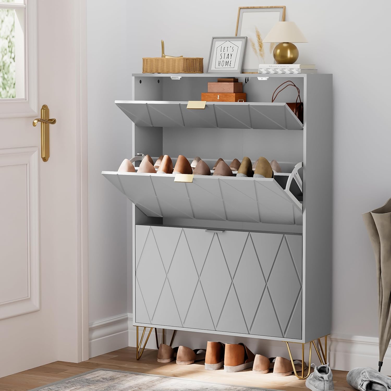 UEV Schuhschrank mit 2 Klappen, 80 x 24 x 120 cm für 16 Paar Schuhe mit 1 Schubladen, Schuhschrank Grau, Schuhkipper Schmal, Schrank Flur Schuhkommode im Flur, Platzsparend