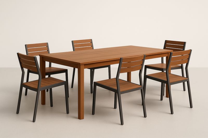 Esstischset Rechteckig 6 Personen Akazienholz Stahl Braun