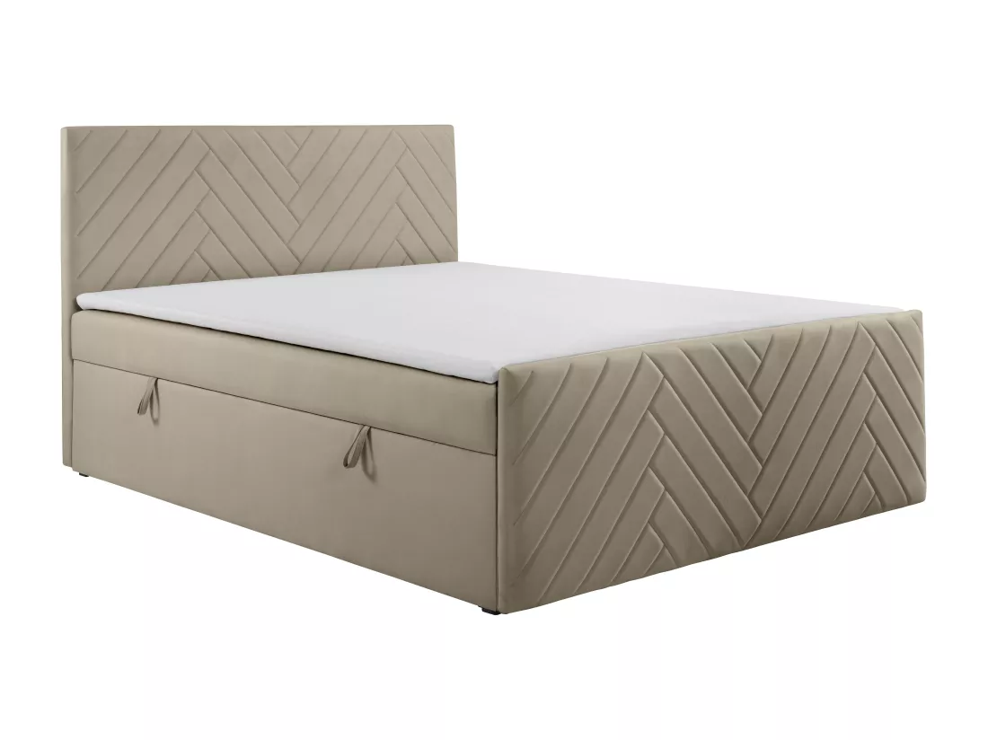 Ensemble complet literie déco tête de lit + sommiers coffre + matelas + surmatelas - 180 x 200 cm - Velours - Taupe - MAKANA de YSMÉE