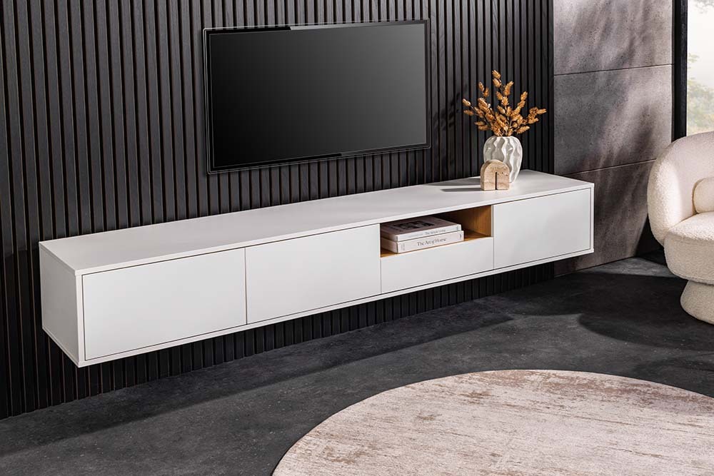 Hängendes TV-Board LOFT 200cm weiß natur sieben Fächer mit Schublade