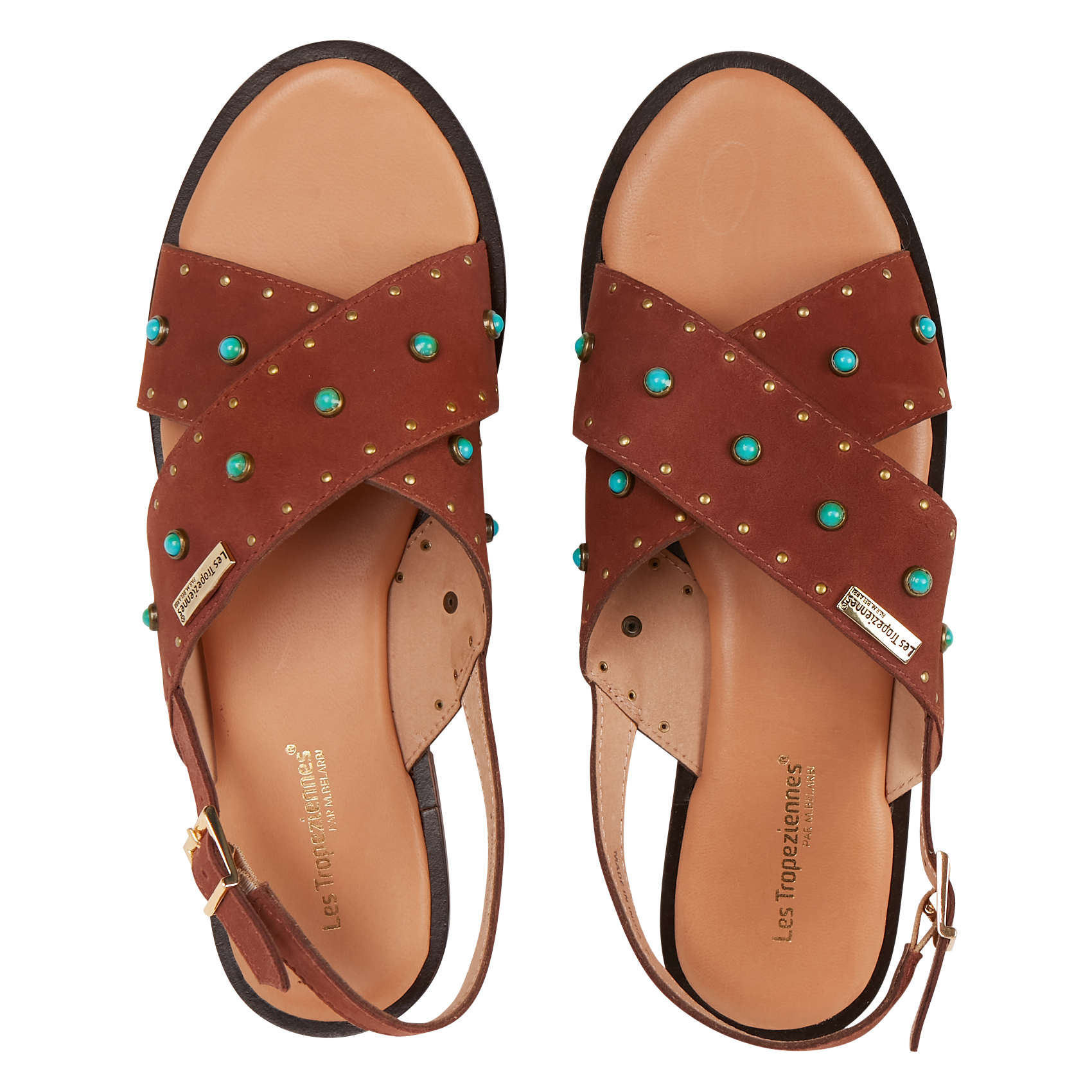 HELIXIR - Sandales plates en cuir ornées de pierres | Marron