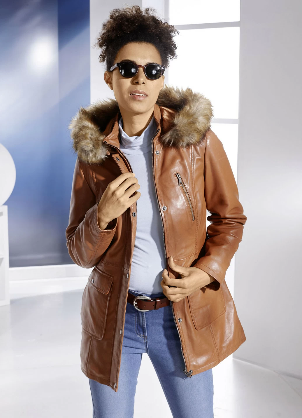Lederjacke mit Webpelzbesatz