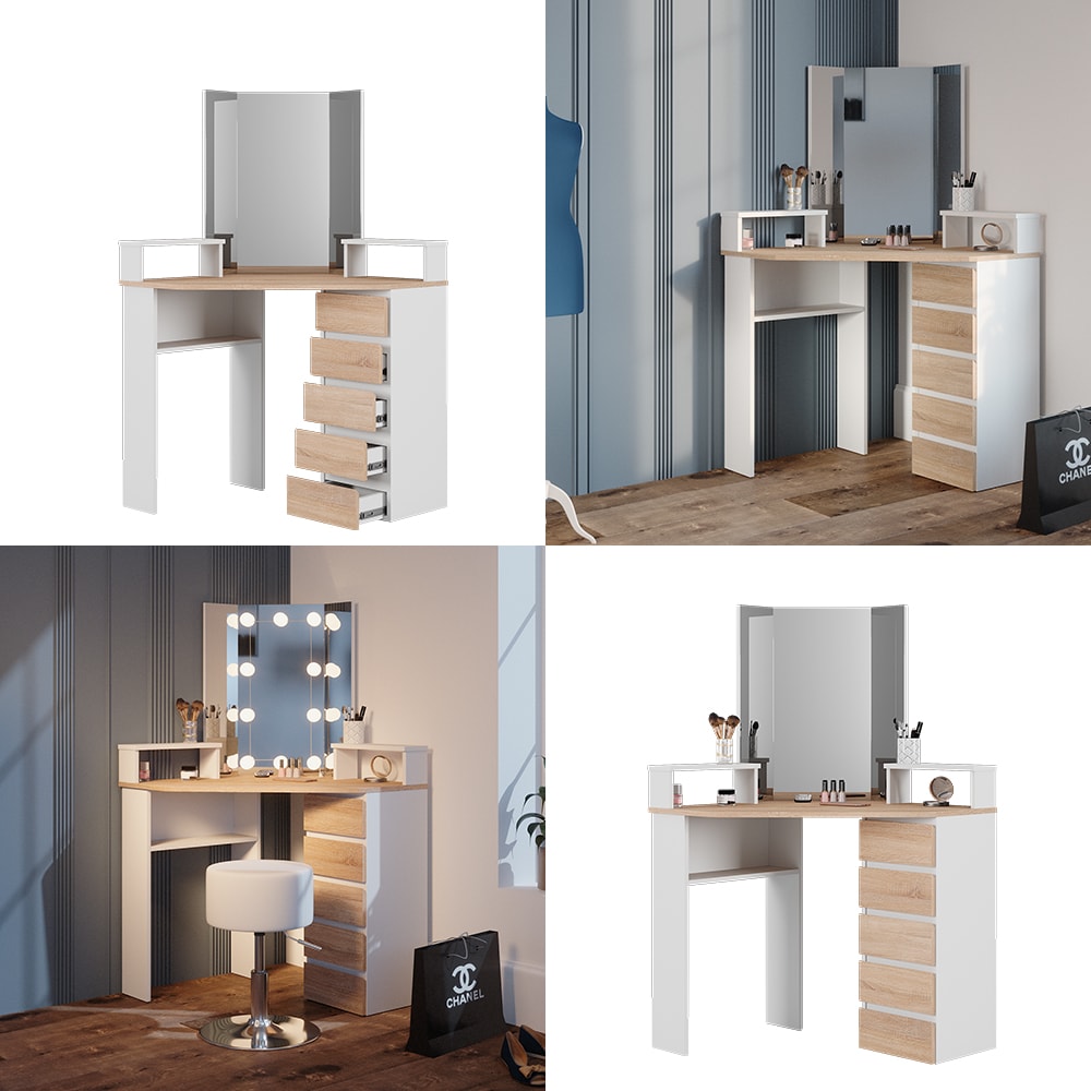 Vicco Eckschminktisch Frisiertisch Frisierkommode Tilda Weiß Sonoma Spiegel 110x140 cm modern Ablage