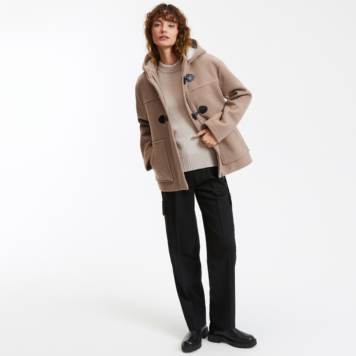 COLEÇÕES LA REDOUTE<br>Casaco curto de lã com capuz fixo, perfeito para o inverno