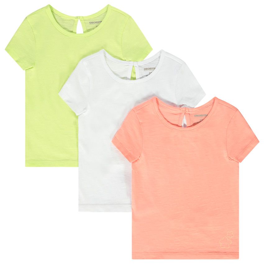 Lot de 3 t-shirts unis en jersey slub pour bébé fille - Corail
