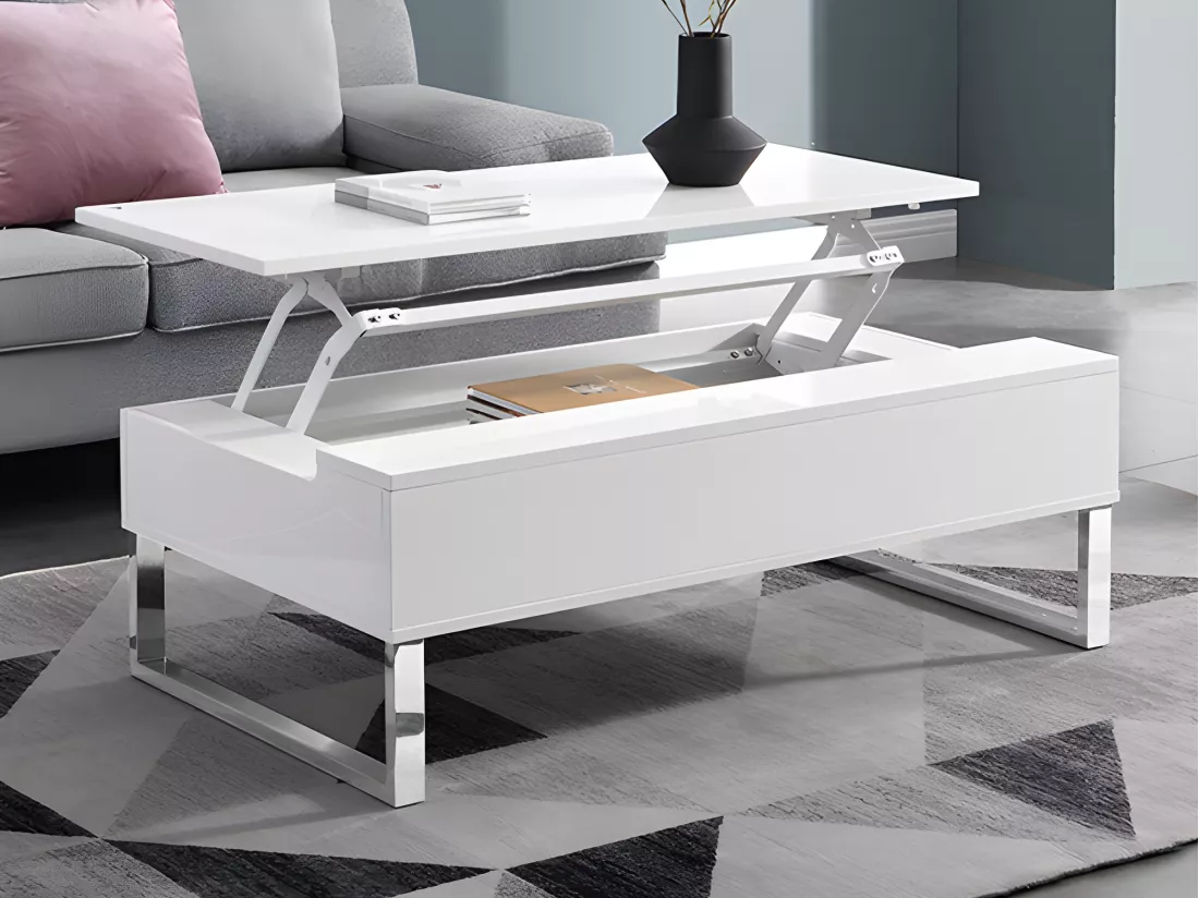 Table basse avec plateau relevable en MDF et métal chromé - Blanc laqué - SECALI