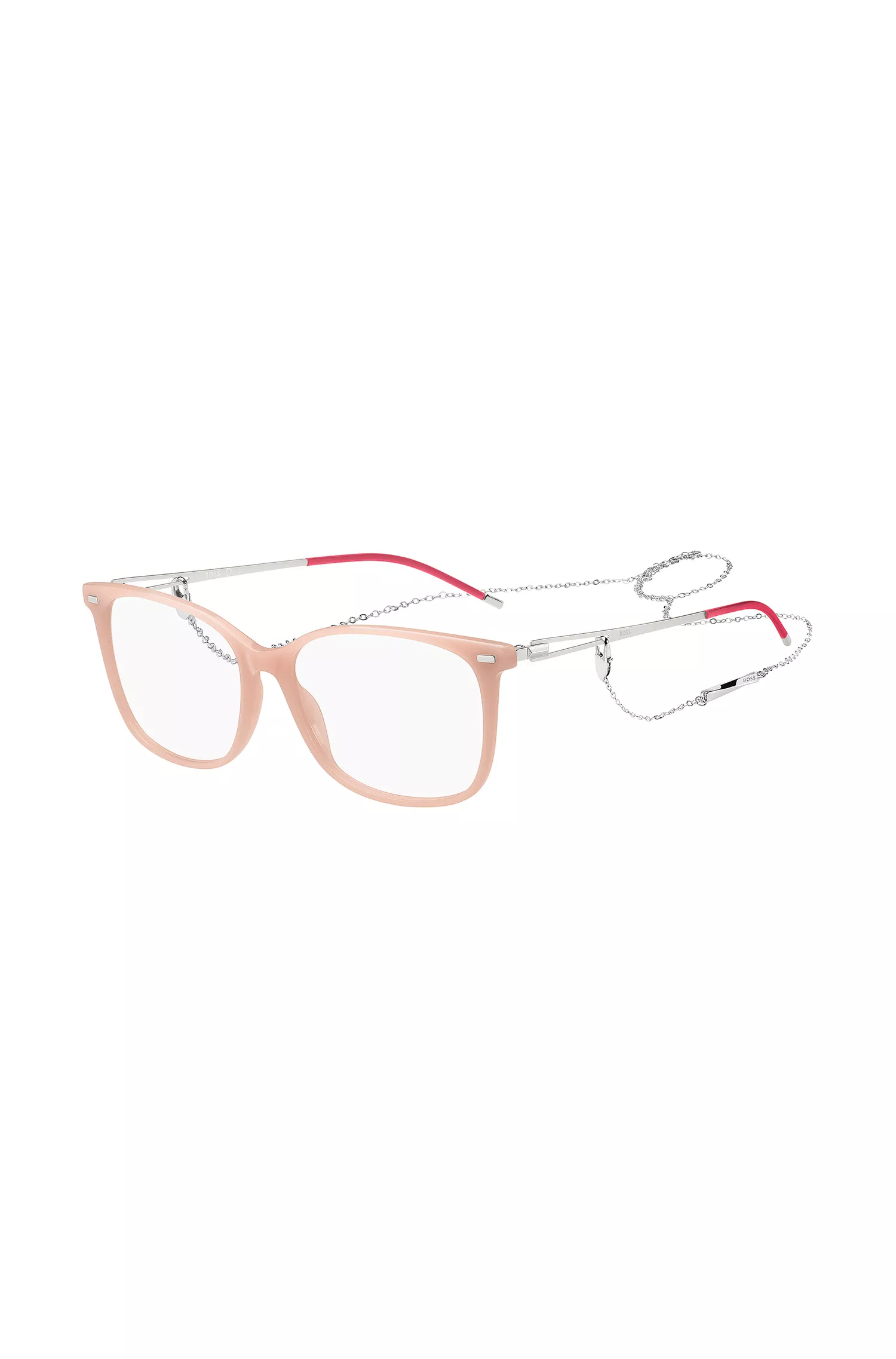 Óculos de grau BOSS em acetato preto e rosa com corrente personalizada.