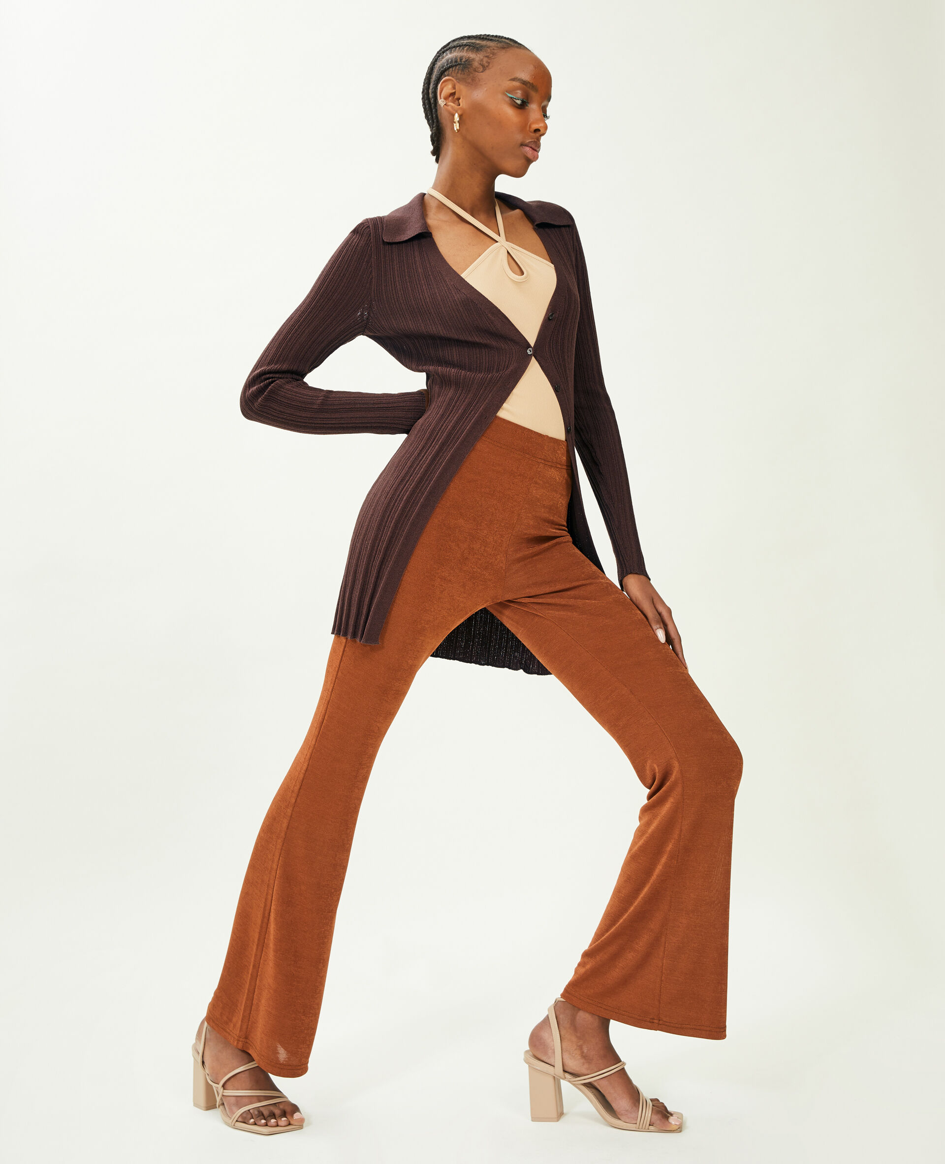 Gilet long en maille côtelée col polo - Marron