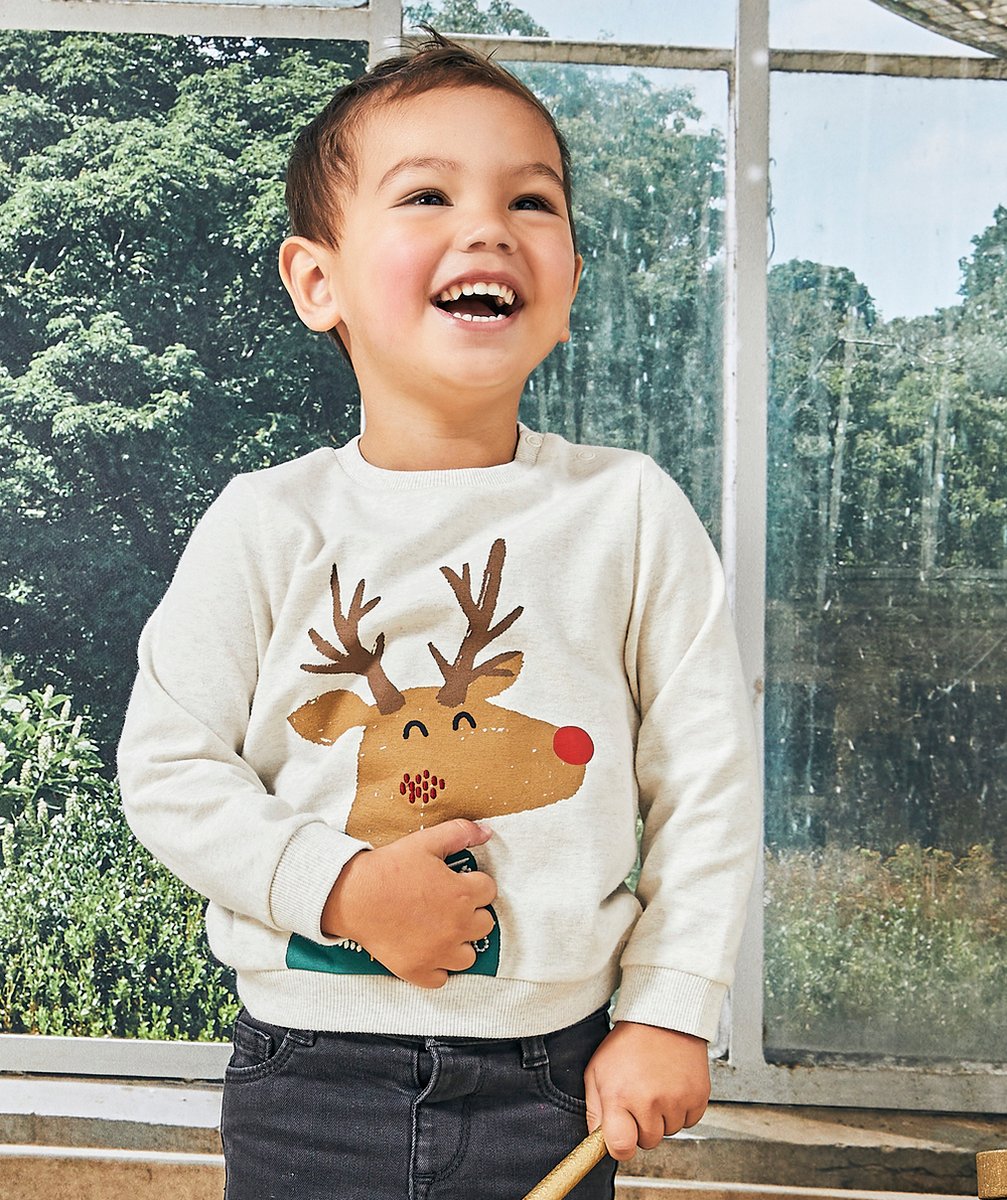 T-SHIRT DE NOËL MANCHES LONGUES BÉBÉ GARÇON ÉCRU ET RENNE