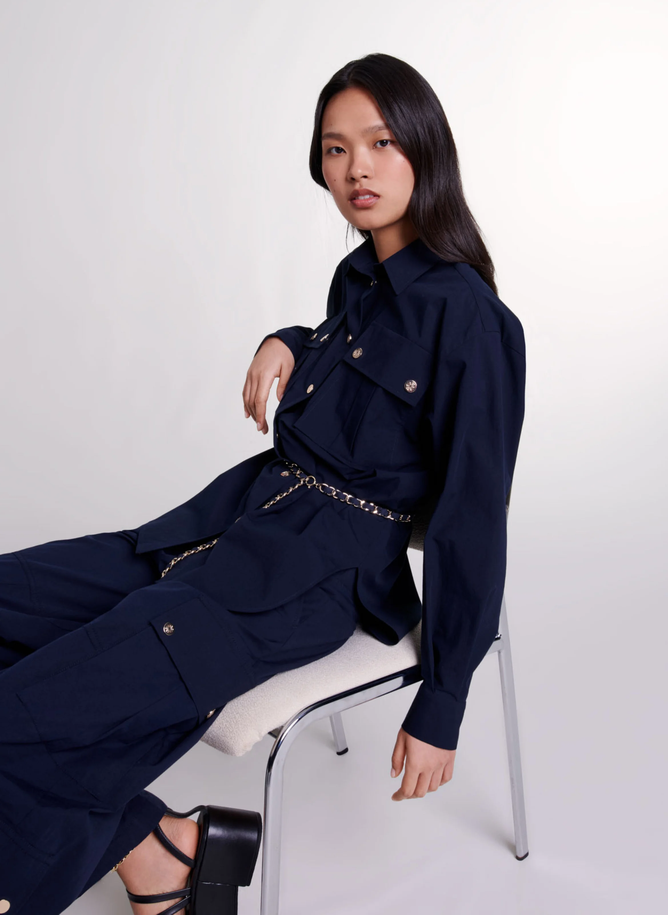 Chemise oversize col classique en coton mélangé | Bleu