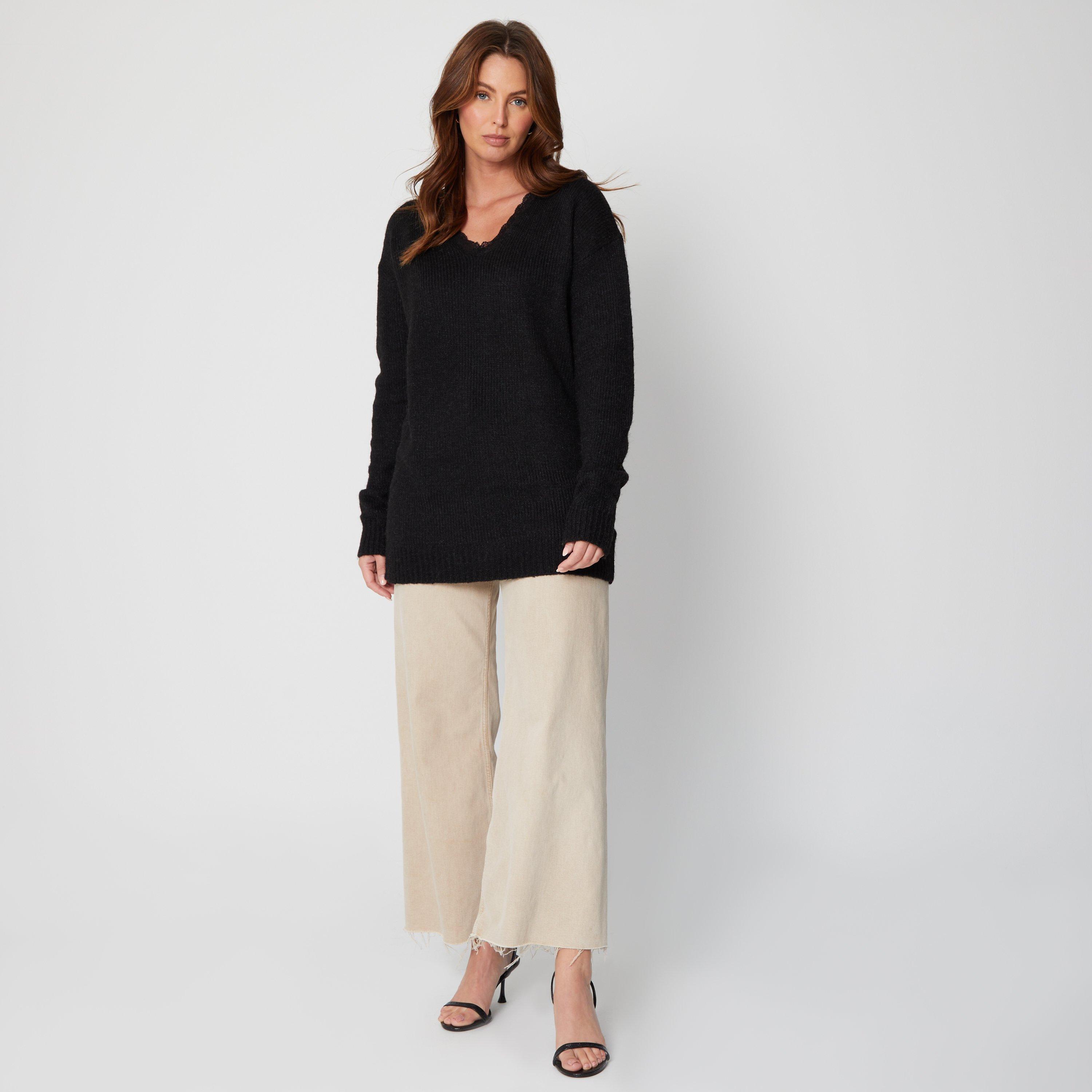 Be You Ladies Lace Trim Brushed V Neck Jumper