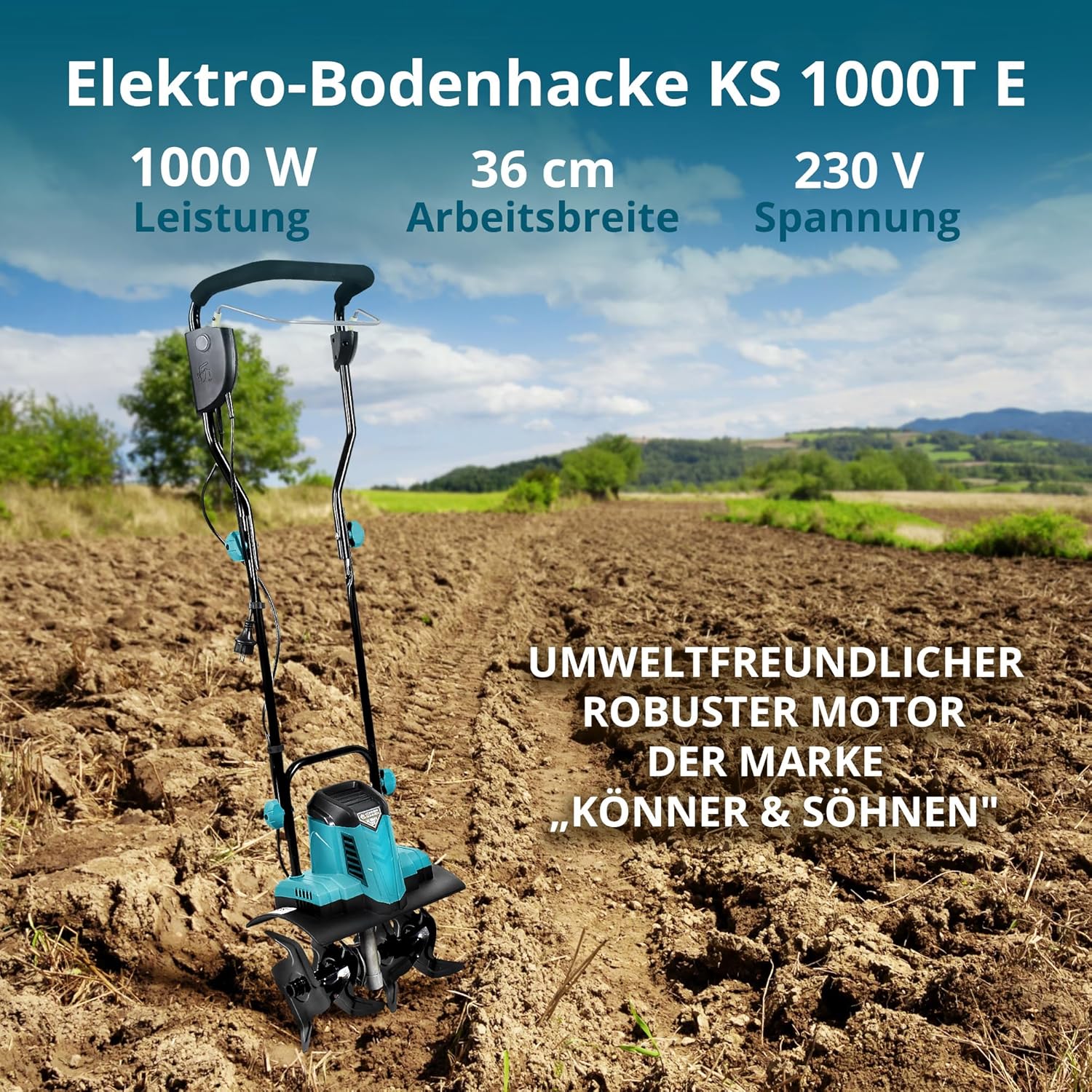 Könner & Söhnen KS 1000T E Elektro-Bodenhacke, Stake Metallfräsen, 36 cm Arbeitsbreite, bis 22 cm Arbeitstiefe, 1000 W, 230 V, 8 kg, Gartenfräse für Hofgrundstücken, Blumen- und Gartenbeeten
