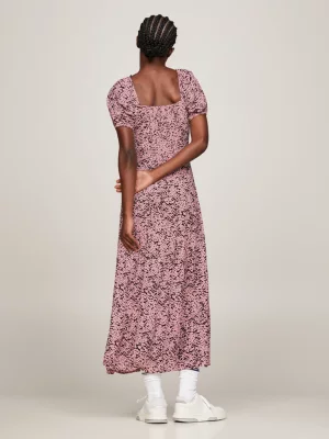 Vestido longo com estampa animal e mangas bufantes