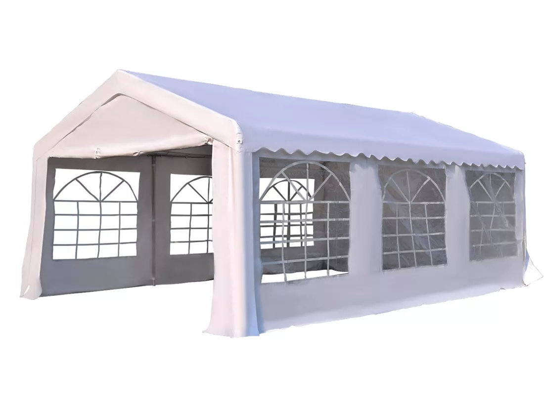 Tente de réception tonnelle de jardin 4 parois amovibles portes zippées idéal pour fête mariage soirée 6 x 4 x 2,8 m acier toile polyéthylène 180 g/m² blanc