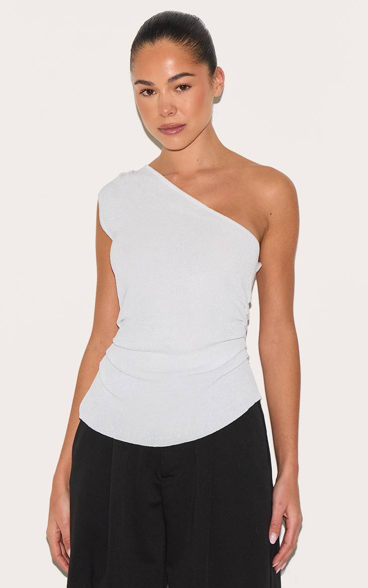 Blanc Haut En Maille Fine Asymétrique Avec Côté Froncé