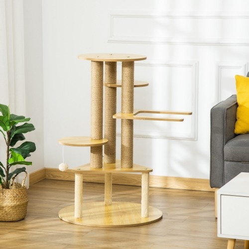 Arranhador triangular bege para gatos PawHut com toca