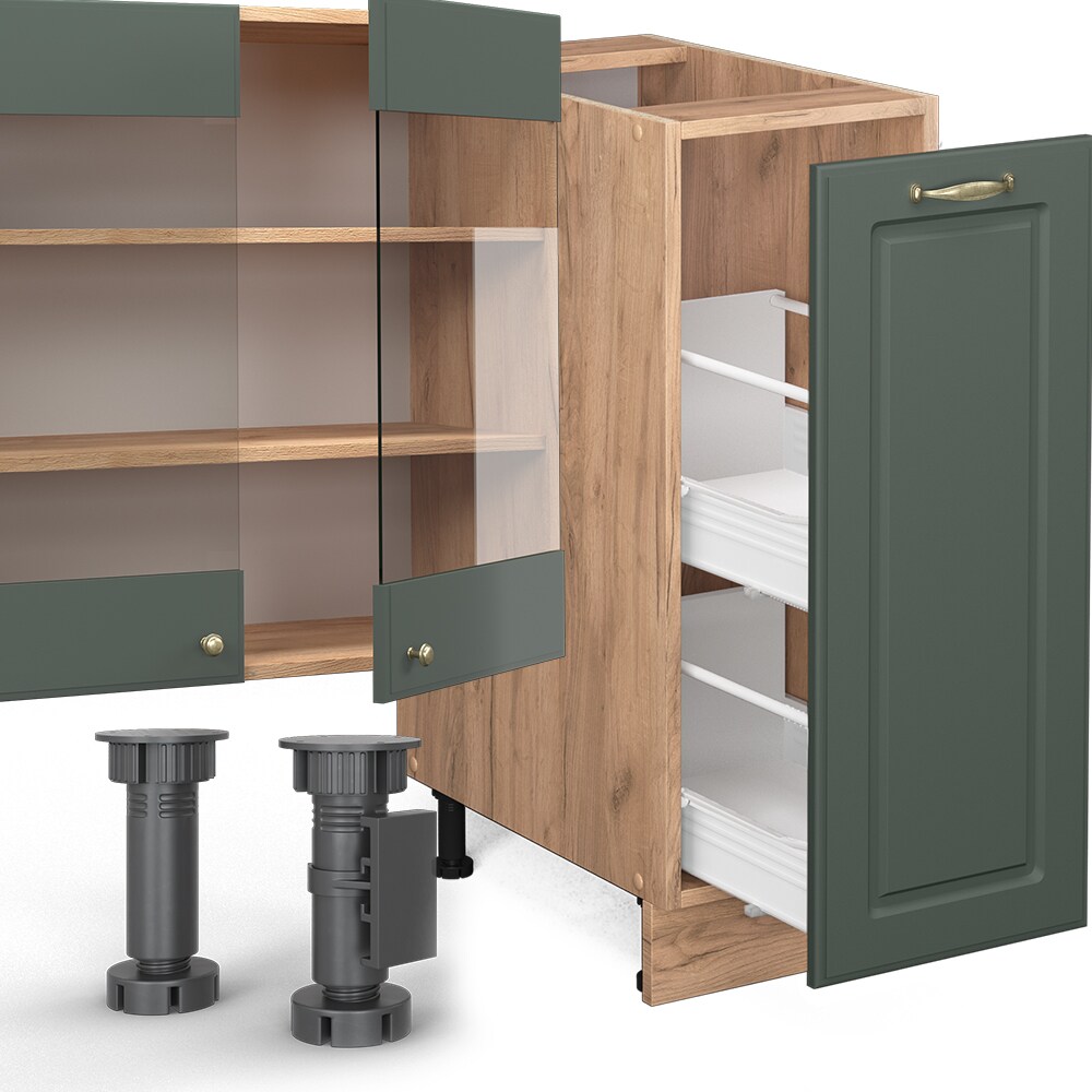 Vicco Küchenzeile Küchenblock Einbauküche Fame-Line Landhaus Eiche Grün Gold 280 cm Spülenunterschrank Unterschrank Schubunterschrank Hängeschrank Mikrowellenschrank Apothekerunterschrank