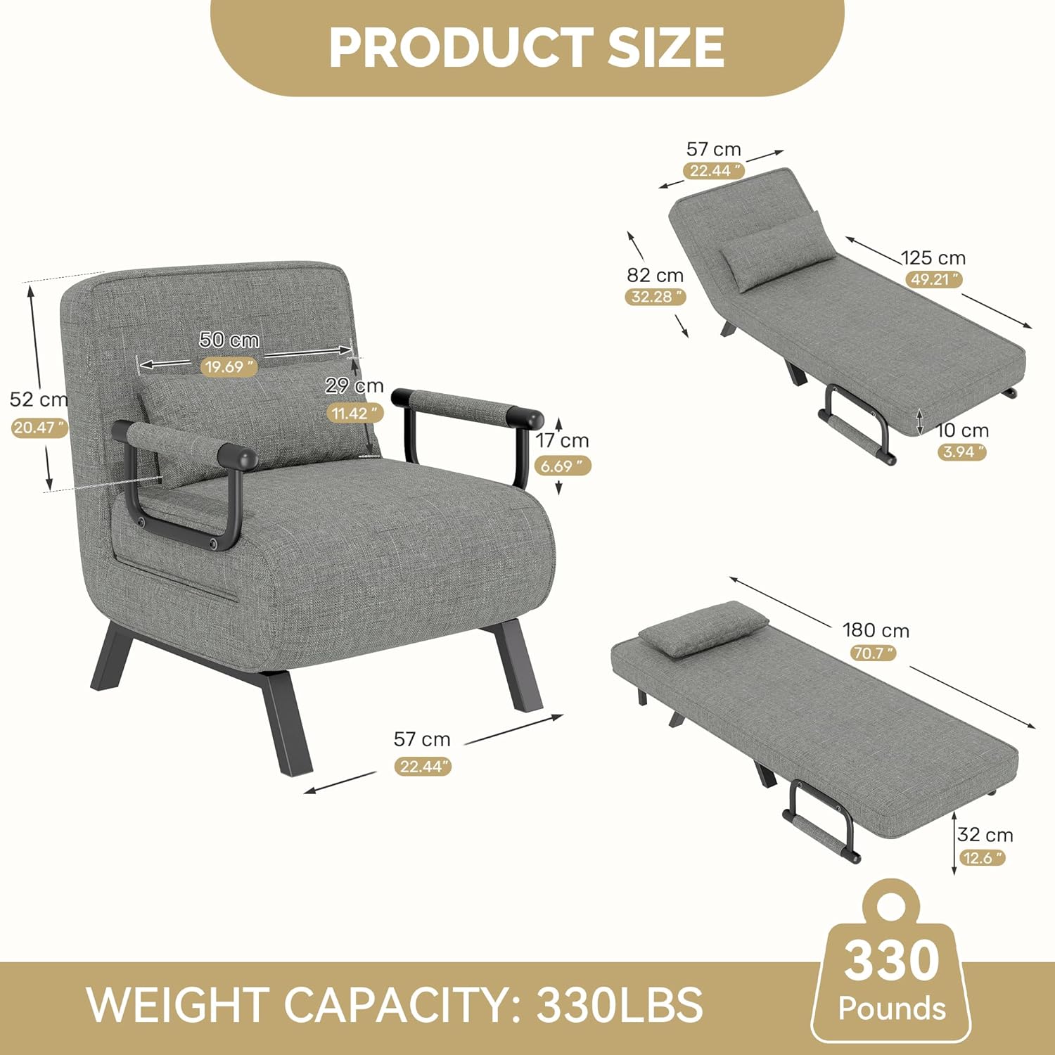 HHawthyhome 4 in 1 Schlafsessel, Schlafsofa mit Bettfunktion, Platzsparendes Gästebett, Relaxsessel mit Verstellbare Rückenlehne, 150 kg Tragkraft, Metallrahmen & Leinen Dunkelgrau