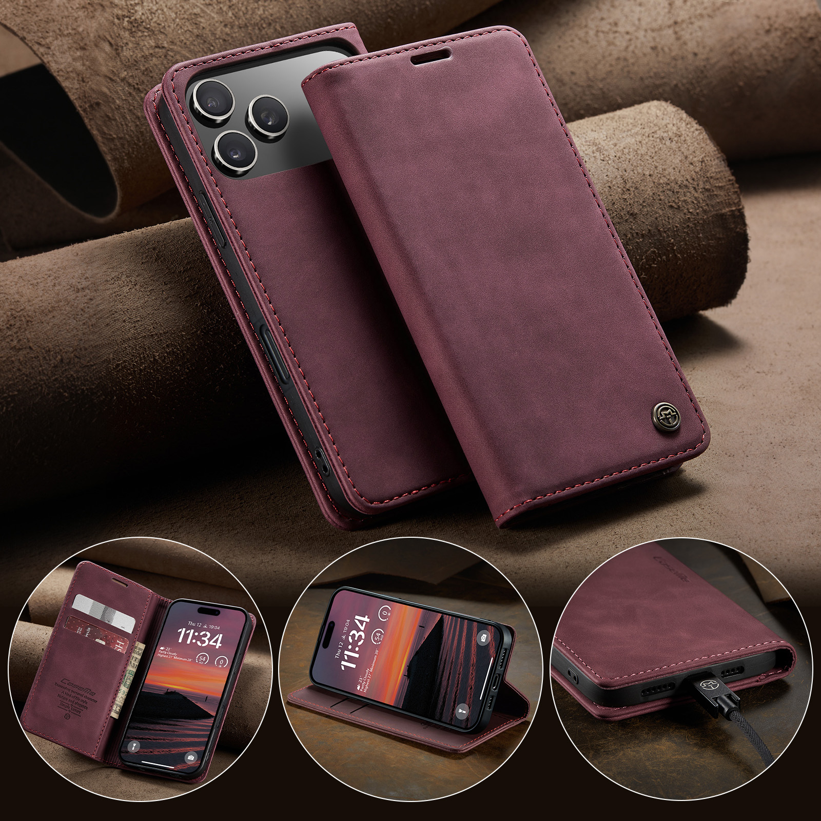 iPhone 17 Pro Max Leder Tasche Flip Wallet Etui mit Kartenfächern - Rot