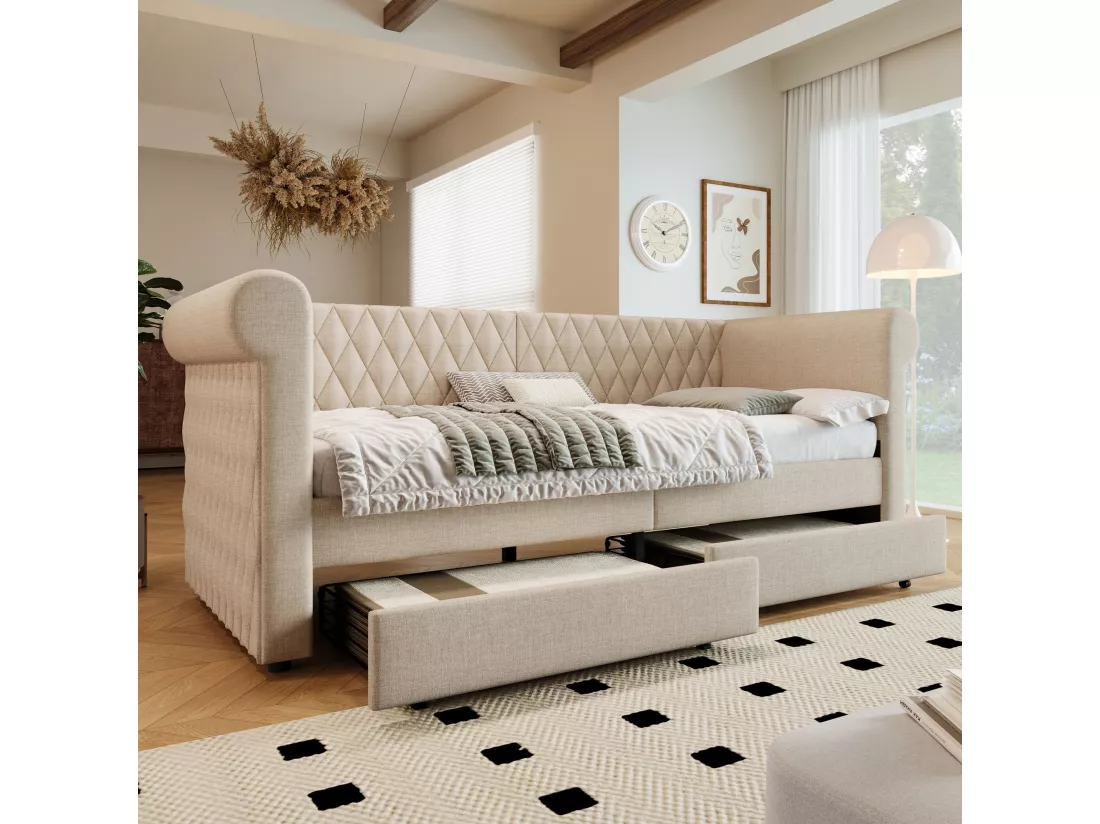 Canapé-lit rembourré avec tête de lit rétro 90x200 cm, avec 2 tiroirs de rangement, beige (sans matelas)