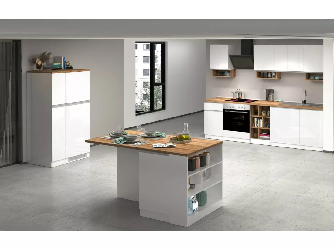 Cuisine complète Dcelient, Ensemble avec garde-manger, Meuble de kitchenette, Kit bloc linéaire, 100% Made in Italy, 255x60h85 cm, Blanc brillant et chêne