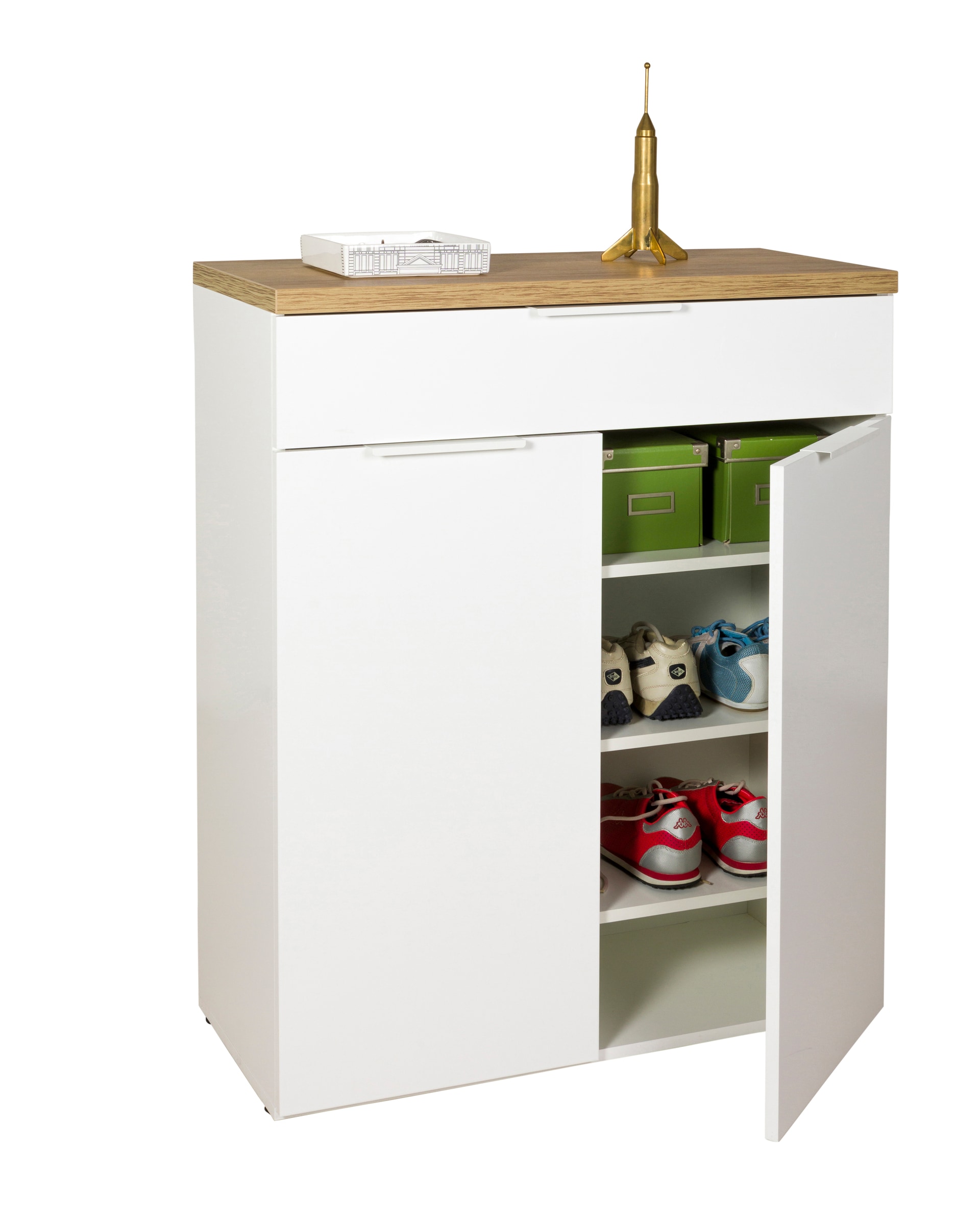 Schuhschrank MUNDI 83 x 102 cm Weiß Hochglanz/Eiche-Riviera-Dekor