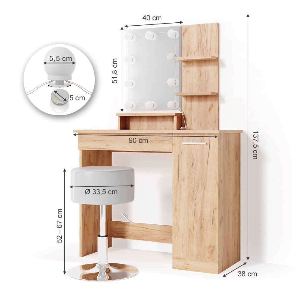 VICCO LED Schminktisch JULIA Frisierkommode Frisiertisch Spiegel Eiche Hocker