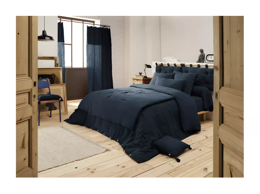 Housse de couette gaze de coton double 200 x 200 cm bleu nuit - PEPA 2