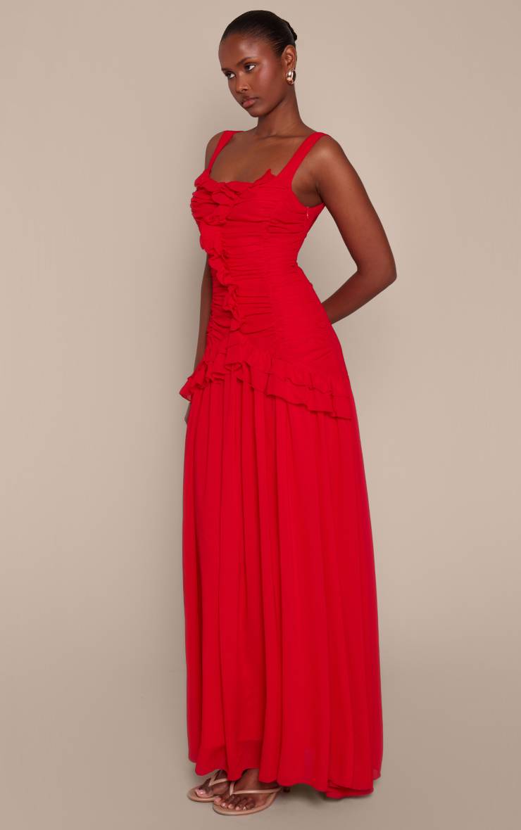 Rouge Robe Longue En Mousseline Froncée À Volants