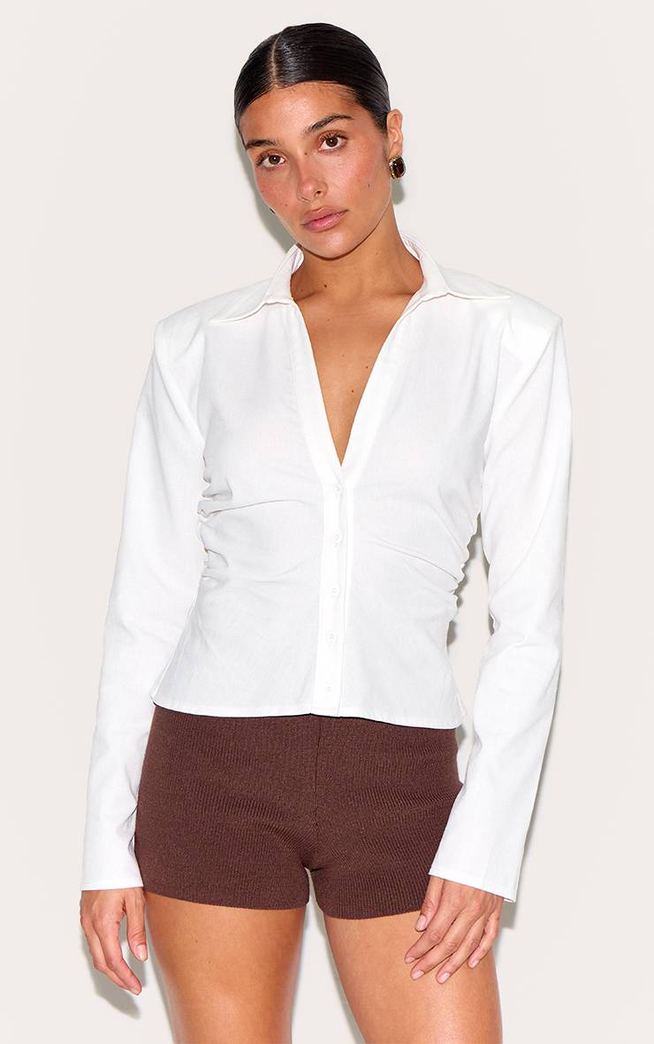 Blanc Chemise Ajustée À Épaulettes Aspect Lin Petite