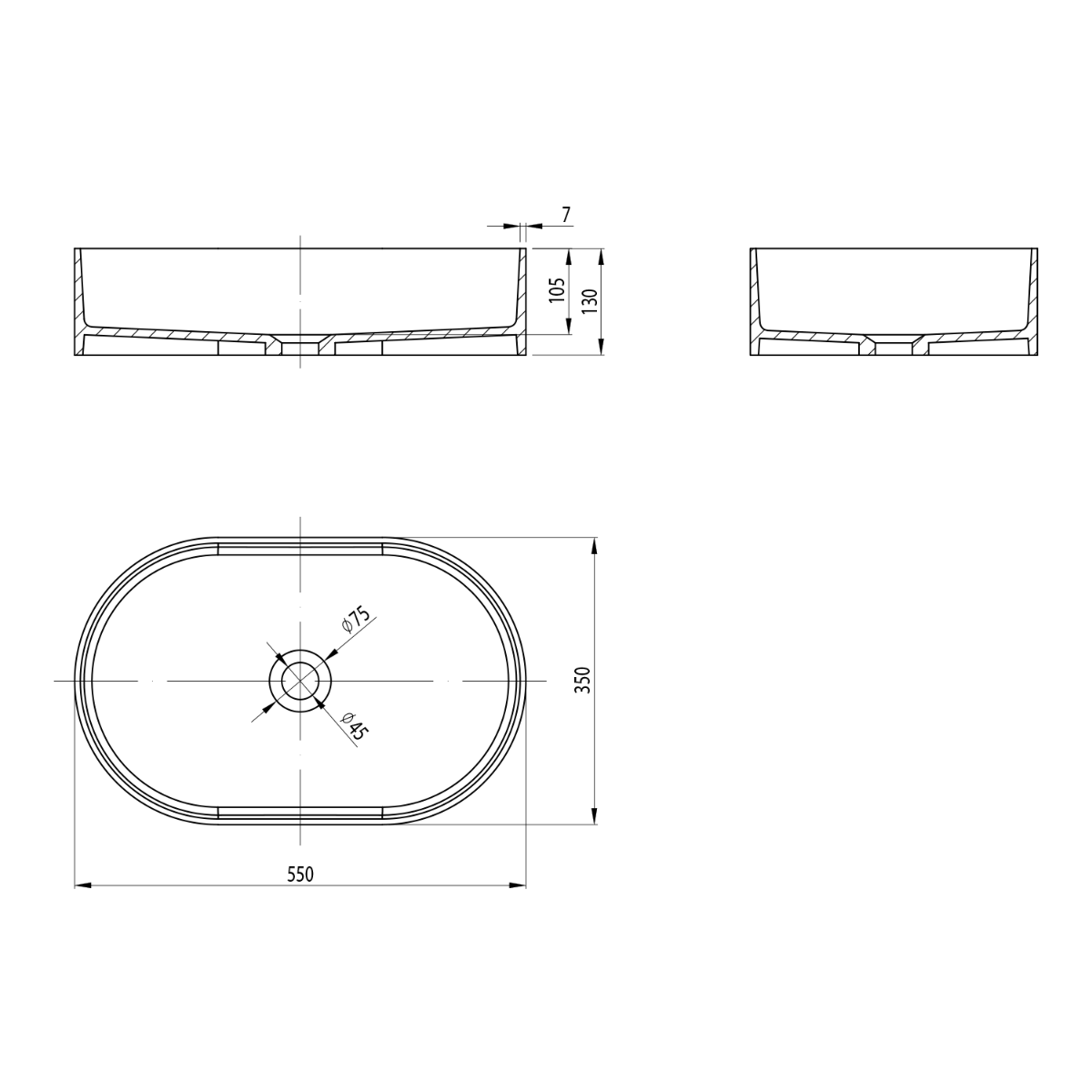 Sapho Thin ovale waskom solid surface 55x35cm wit mat