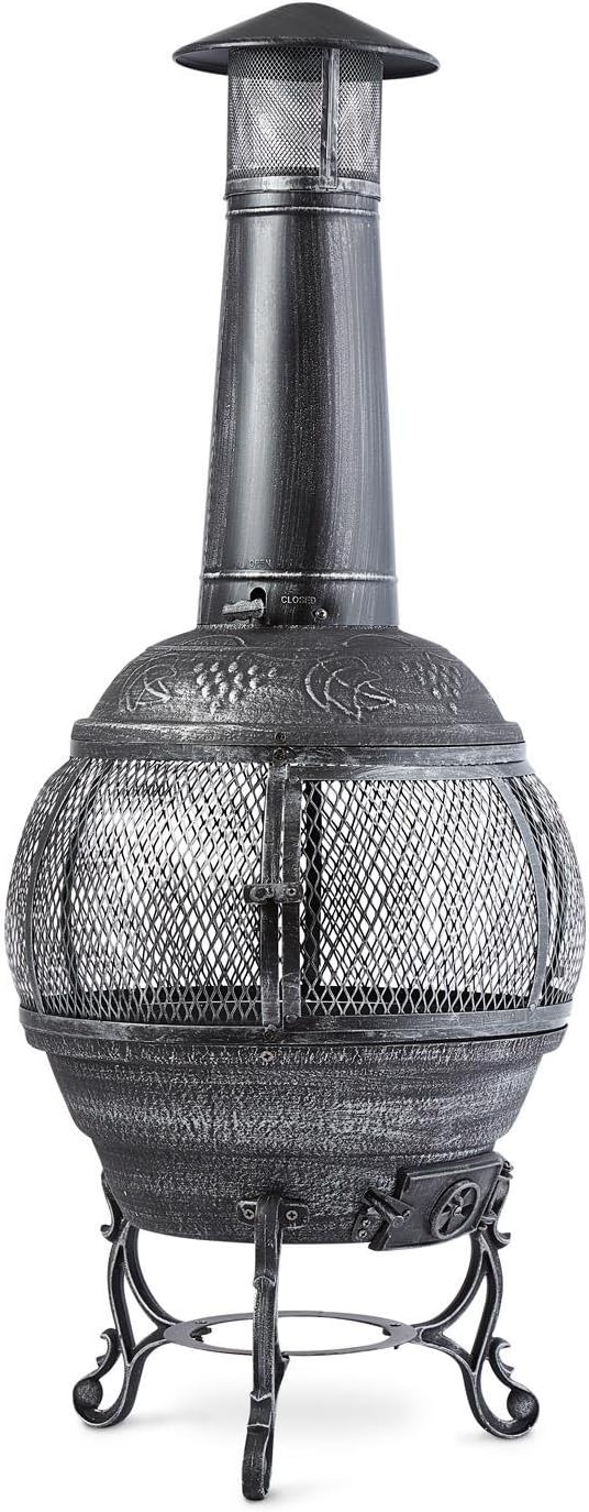 Blumfeldt Flavius, Feuerstelle, Gartenofen, Gartenkamin, Terrassenofen, Aztekenofen, Gusseisen, 360° Rundum-Gitter, Funkenschutz, antikes Design, Zugluftklappe, Eisenverzierungen, Altsilber