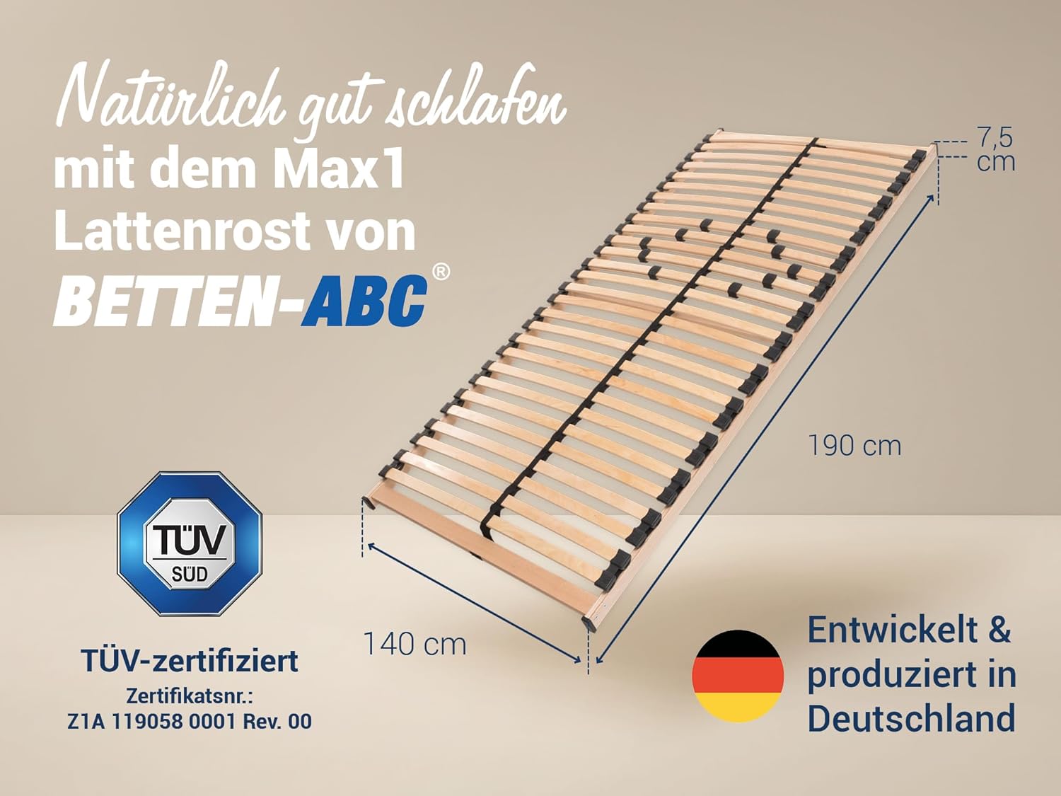 Betten-ABC Max 1 NV Lattenrost zur Selbstmontage, mit 28 Leisten und Mittelzonenverstellung, für alle Matratzen geeignet, 140 x 190 cm