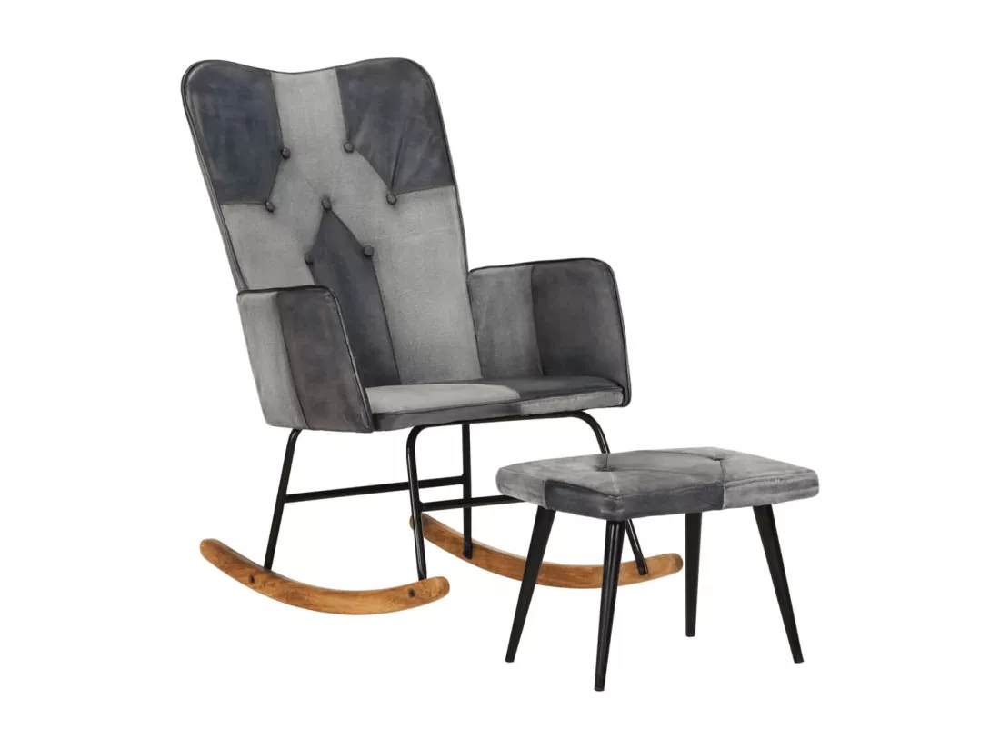 Chaise à bascule et repose-pieds Gris Cuir véritable et toile