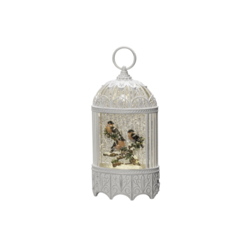 KonstSmide sneeuwlantaarn vogelkooi goudvink met LED verlichting 25 x 8 cm wit