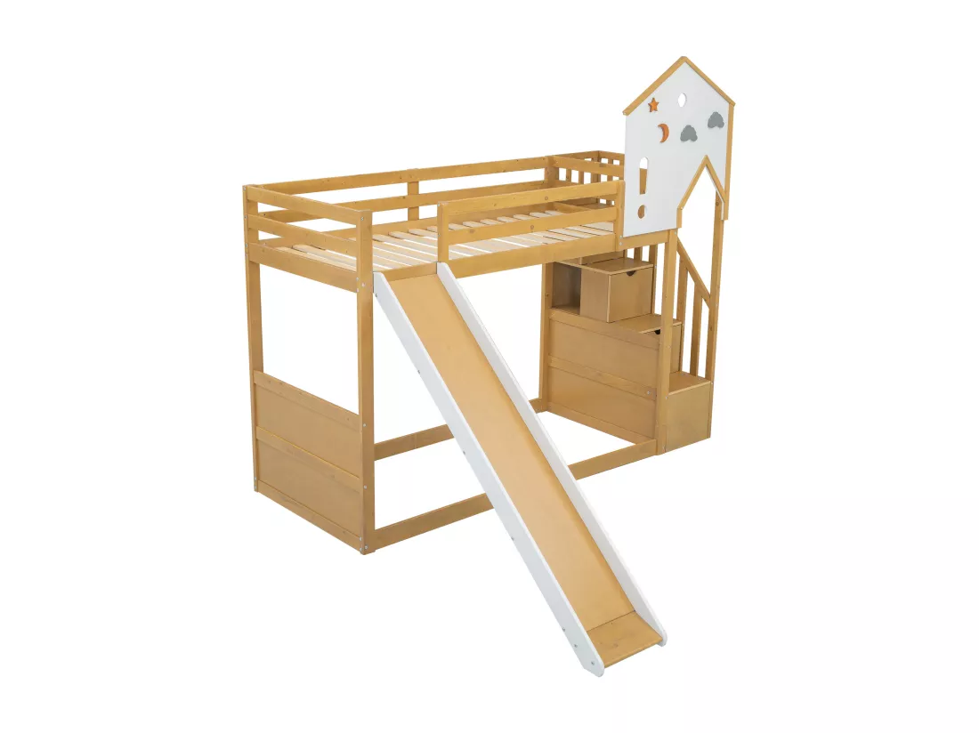 Lit superposé 90x200cm - avec escalier de rangement et toboggan - en bois de pin et MDF - Naturel
