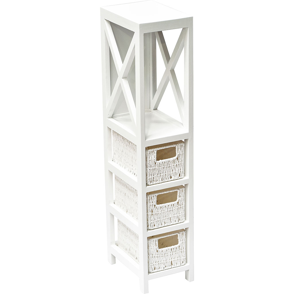 Meuble de rangement salle de bain blanc 1 étagère et 3 paniers blancs 17x82x24cm